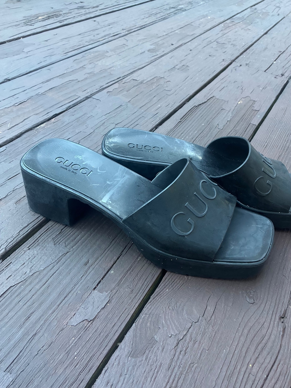Gucci Black Logo Slide Block Heel Mules